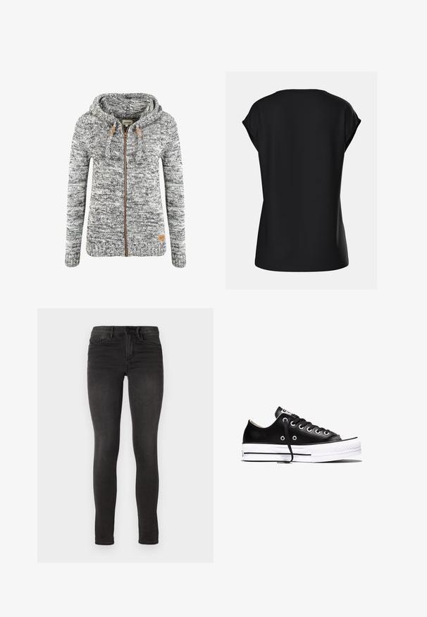 Grå og hvid strikket hættejakke med lynlås, snøre og brune læderdetaljer. Ribbet manchetter og kant. Logo mærke på den nederste side.; Sort kortærmet top med en afslappet pasform, rund hals og glat stof texture, med subtile skuldersømme. Vist fra bagsiden.; ONLY ONLROYAL - Jeans Skinny Fit - black denim; Sort lav sneakers med hvid gummisål, sorte snørebånd og sølvfarvede snørehuller set fra siden mod en hvid baggrund.