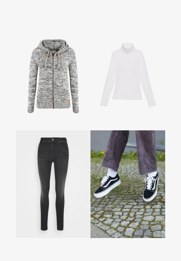Hallide ja valge kootud kapuutsiga jakk, millel on lukku, pael ja pruuni nahka toone. Ribapitsiga varrukad ja äär. Logo silt alumisel küljel.; Valge pikkade varrukate turtleneck-särk, mis on valmistatud siledast ja venivast kangast. Omab kõrget kraed ja keha lähedast lõiget, ilma nähtavate mustrite või kaunistusteta.; Mustad mustad teksapüksid sujuva denimitekstuuriga, kõrge vöökoht, viie tasku design ja kerge bleežimise efekt. Messingist nupu sulgemise detail.; Mustad nubukist spordijalatsid valgete detailidega, millel on ümar nina, paks valge tald ja klassikaline sidumise disain, kantud valgete sokkide ja lilla pükste juurde.
