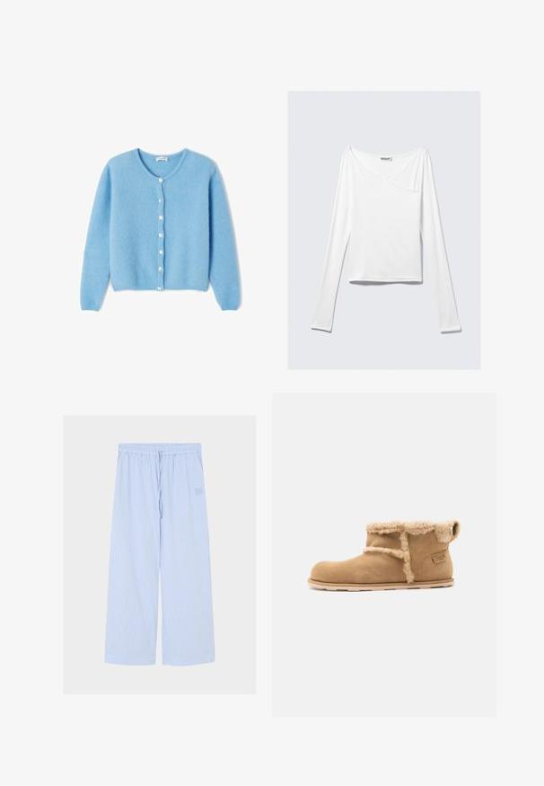 American Vintage Gilet - atmosphere chine; Haut blanc à manches longues avec un design croisé et une poche. Fabriqué dans un tissu lisse et extensible. Coupé dans une coupe décontractée et ample.; Pantalon large bleu clair avec fines rayures blanches verticales, taille élastique et cordon à l'avant.; Bottine en daim couleur camel avec bordure en shearling pliée et semelle en caoutchouc plate, boucle latérale à l'arrière pour un enfilage facile.