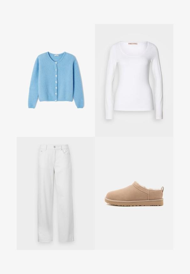 American Vintage Gilet - atmosphere chine; T-shirt en coton blanc à manches longues, avec un col rond et une coupe ajustée, au toucher doux et sans ornement.; Pantalons en denim blanc à coupe ample, avec une fermeture à bouton et zip, des passants de ceinture et un design traditionnel à cinq poches.; Chausson beige à enfiler avec extérieur en suède doux, doublure en fourrure blanche moelleuse et semelle en caoutchouc avec bande de traction, montré en profil latéral.