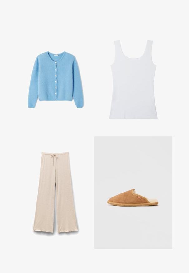 American Vintage Gilet - atmosphere chine; Débardeur blanc uni sans manches avec des bretelles larges et un col en scoop, présenté sur un fond blanc.; Pantalons amples beiges avec une taille élastique et un lien de serrage à l'avant, fabriqués en tissu doux et léger.; Pantoufle en daim marron avec une doublure en polaire crème douce et une semelle en caoutchouc beige. Elle présente un bout rond et un design avec des découpes sur le côté.