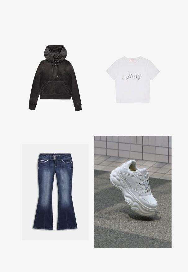 Zwarte rits hoodie gemaakt van zachte, gestructureerde stof. Voorzien van een trekkoordkap, steekzakken aan de voorkant en ribgebreide manchetten en zoom. Subtiel logo op de borst.; Witte katoenen T-shirt met korte mouwen, met een glanzend zilveren "Juicy" logo in cursiefschrift op de voorkant. Eenvoudig en casual ontwerp.; Donkerblauwe wijde spijkerbroek van denim, met vijf zakken, contraststiksels en een knoopsluiting met decoratieve accenten aan de voorkant.; Witte leren sneaker met een zware zool, textuurdetails en vetersluiting. Beschikt over gevormde accenten en een gladde afwerking.