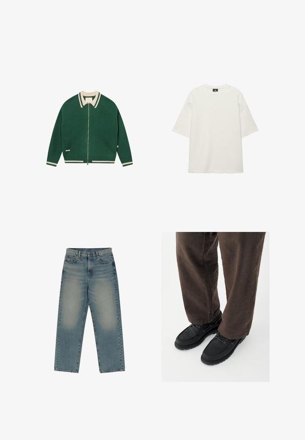 Cardigan vert en maille zippé avec col, poignets et ourlet rayés crème, étalé à plat sur fond blanc.; T-shirt blanc oversize à manches courtes, col rond, design uni et coutures d'épaules légèrement tombantes.; Jean bleu délavé à coupe droite avec poches avant et poche ticket, passants pour ceinture, et fermeture par bouton à la taille.; Chaussures en cuir noir avec une finition lisse, bout arrondi et design à lacets, associées à un pantalon marron texturé. Vue en contre-plongée.