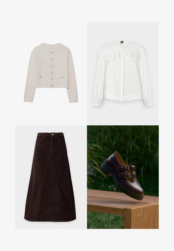 Gebreid vest in crèmekleur met lange mouwen, ronde halslijn, zes knopen aan de voorkant en twee kleine knoopzakjes bij de taille.; Witte blouse met lange mouwen, grote geborduurde ooglet kanten kraag en gerimpelde randen, met verborgen knopen aan de voorkant en omslagmouwen.; Donkerbruine corduroy A-lijn rok met voorpaneel details, riemlussen, voorzakken en een knoopsluiting in de taille.; Donkerbruine leren schoen met dubbele gespbanden, geperforeerde details en dikke zwarte zool, hangend boven een houten tafel buiten.