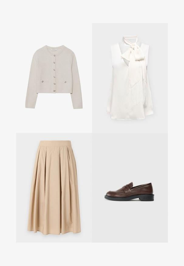 Gebreid vest in crèmekleur met lange mouwen, ronde halslijn, zes knopen aan de voorkant en twee kleine knoopzakjes bij de taille.; Mouwloze witte satijnen blouse met diepe V-hals en grote strik als nekknoop met lange franjes aan één kant.; Beige, knielange geplooide rok met een brede tailleband, gemaakt van lichtgewicht stof, afgebeeld op een effen witte achtergrond.; Bruine leren loafers met een ronde neus, voorzien van een decoratieve band over de bovenkant, en een lage, getextureerde zwarte rubberen hak.