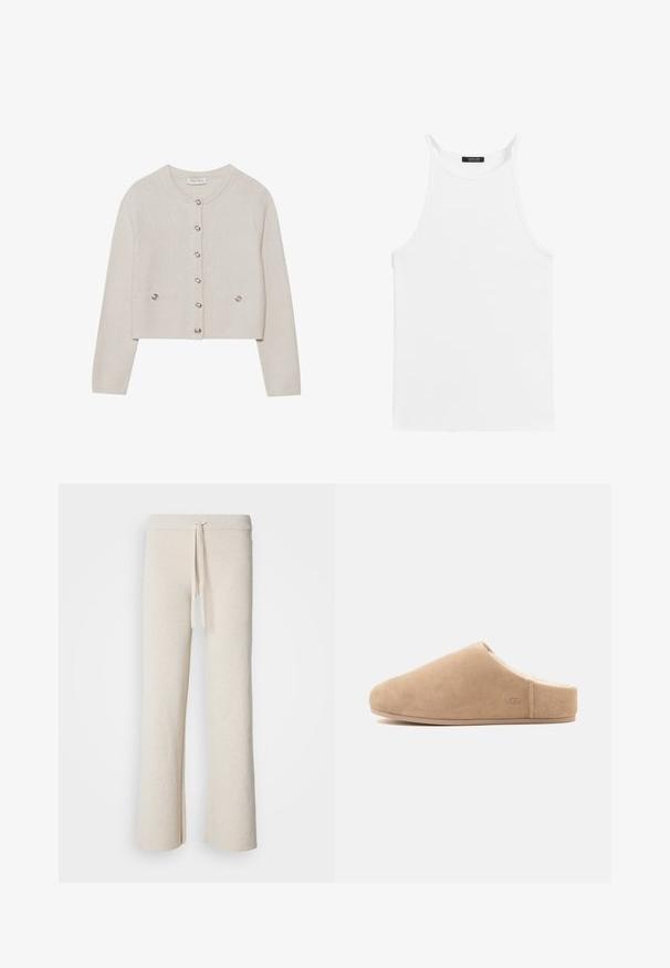 Cream-colored knitted cardigan with long sleeves, round neckline, six front buttons, and two small buttoned pockets at the waist.; White sleeveless tank top with thin straps and a high neckline, laid flat on a white background.; Beige wide-leg pants made from soft fabric, featuring an elastic waistband with a drawstring and side slits at the hem.; Beige suede slip-on slipper with plush lining and flat sole, closed toe, open back, and subtle "UGG" logo on side.