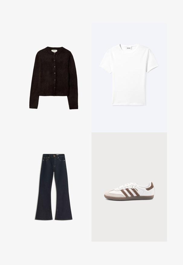 Cardigan brun foncé avec un col rond, fermeture à boutons et manches longues. Fabriqué en matériau tricoté doux, avec une texture lisse.; T-shirt blanc uni à manches courtes et col rond avec une petite étiquette "WEEKDAY" à l'intérieur de l'encolure, présenté à plat sur un fond clair.; Jean évasé en denim foncé avec une taille haute, des coutures contrastantes, une fermeture à bouton et quatre poches. Les jambes s'élargissent à l'ourlet.; Baskets Adidas Samba blanches avec des bandes en daim marron, semelle en caoutchouc marron et bout en daim beige, vues du côté extérieur sur un fond uni.