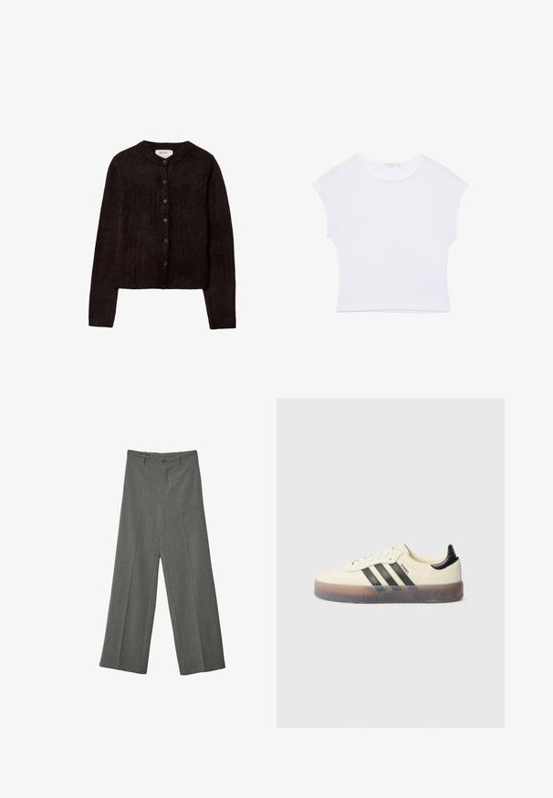 Cardigan brun foncé avec un col rond, fermeture à boutons et manches longues. Fabriqué en matériau tricoté doux, avec une texture lisse.; T-shirt court blanc à manches courtes avec col rond, en tissu lisse, posé à plat sur un fond blanc.; Pantalon gris à jambes larges avec passants de ceinture, bouton frontal et fermeture éclair dissimulée, présenté à plat sur fond blanc.; Baskets beiges avec trois bandes noires, bout rond, semelle en caoutchouc texturée et dessus lisse. Caractérisées par un talon rembourré et un marquage minimal.