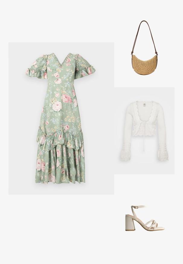 Hvid cropped cardigan med strikket tekstur, bølgede kanter, lange klokkeærmer og snøre-lukning fortil.; Blomstret maxi-kjole i blød grøn med V-hals, puf ærmer, flæsedetaljer og et tieret kant. Har pink roser og små blå blomster.; Hvid sandaler med blokhæl, ankelrem med spænde og flettede frontstropper på en neutral baggrund.; Halvmåneformet flettet halmlignende taske med brun justerbar skulderrem og guldfarvede metaldekorationer på hvid baggrund.