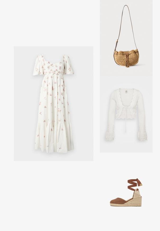 Cardigan blanc court avec une texture tricotée, des bords festonnés, de longues manches évasées et un cordon de serrage à l'avant.; Robe midi blanche avec manches bouffantes, corsage ajusté et petit imprimé floral rose, avec une jupe à volants froncés.; Compensées espadrilles marron avec semelle en jute tissée et bride de cheville à nouer.; Petit sac d'épaule tressé beige avec bandoulière en cuir marron réglable et détail de lien en cuir à l'avant, suspendu sur fond blanc.