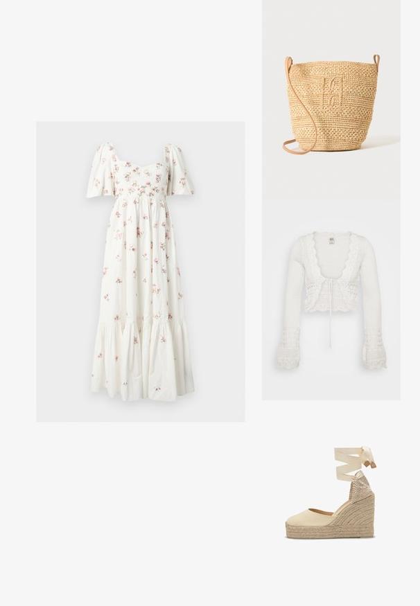 Hvid cropped cardigan med strikket tekstur, bølgede kanter, lange klokkeærmer og snøre-lukning fortil.; Hvid midi kjole med puffede ærmer, tætsiddende bodice og lille pink blomsterprint, med en opsamlet lagdelt nederdel.; Beige lærredsespadrille med kilehæl i flettet jute og ankelstropper i matchende stof.; Vævet stråbuckettaske med struktureret mønster og læderrem, vist oprejst på en ensfarvet lys baggrund.