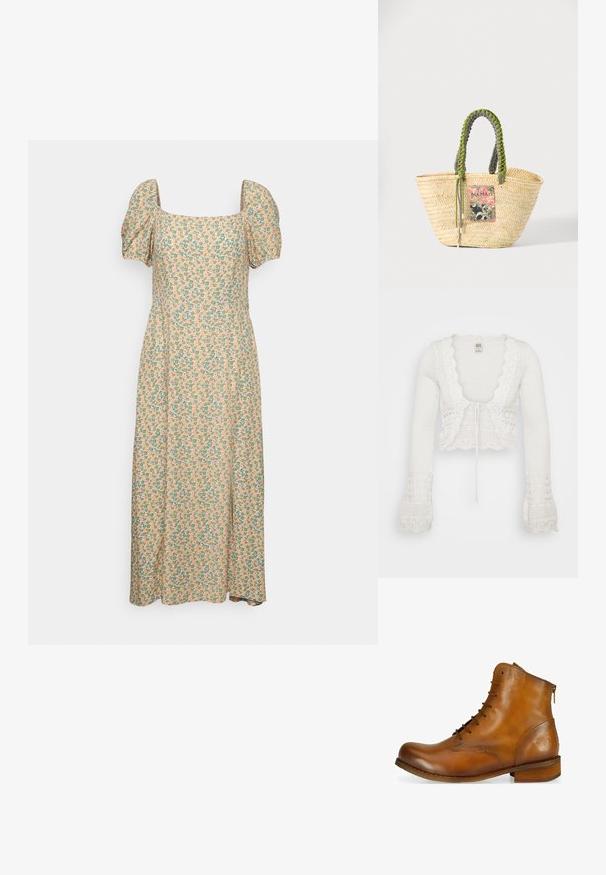 Cardigan blanc court avec une texture tricotée, des bords festonnés, de longues manches évasées et un cordon de serrage à l'avant.; Even&Odd by Zalando Robe de jour - green/pink; Bottine en cuir marron avec un bout arrondi, un laçage à l'avant, une fermeture éclair sur le côté et un petit talon en bois. Présente un logo en relief discret sur le talon.; Sac cabas en paille beige tissée avec des poignées tressées vertes et noires et un patch rectangulaire coloré à l'avant.