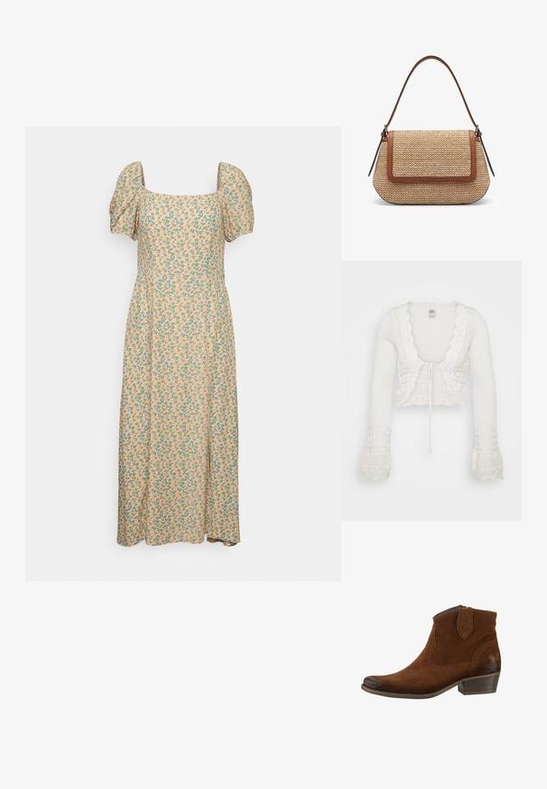 Witte cropped cardigan met een gebreide textuur, gegolfde randen, lange klokmouwen en een trekkoordsluiting aan de voorkant.; Even&Odd Jurk - green/pink; Felmini STIEFELETTE - Cowboy-/Bikerlaarsjes - brown; Geweven beige handtas met bruine leren afwerking en enkele lange schouderband, rechthoekige flapsluiting en afgeronde onderkanten.