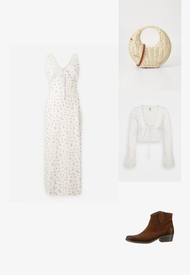 Hvid cropped cardigan med strikket tekstur, bølgede kanter, lange klokkeærmer og snøre-lukning fortil.; Hvid ærmeløs lang kjole med lille lyserødt og brunt blomsterprint og bundet sløjfe ved halsudskæringen.; Felmini STIEFELETTE - Cowboy- / bikerstøvlette - brown; Rund flettet taske i naturligt strå med en tekstureret overflade. Har en glat brun læderrem og et cirkulært håndtag.