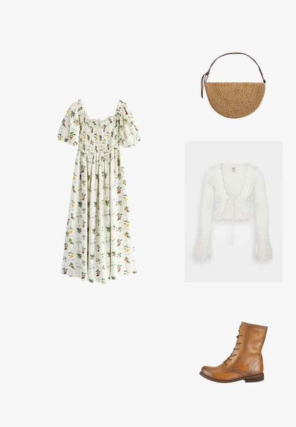 Hvid cropped cardigan med strikket tekstur, bølgede kanter, lange klokkeærmer og snøre-lukning fortil.; Hvid midi kjole med pufærmer, rynket krop og blomsterprint med gule og røde blomster samt grønne blade.; Brune læder ankelstøvler med en glat overflade, rund tå, seks snørehuller og et subtilt præget logo på hælen.; Halvmåneformet håndtaske af flettet strå med en brun justerbar skulderrem, der er bundet i den ene ende, på hvid baggrund.