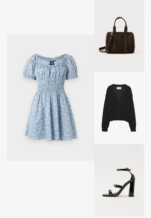 Zwarte gebreide cardigan met een V-hals, lange mouwen en een cropped zoom. Voorzien van een knoopsluiting en geribbelde boorden. Gelaagd stof.; Lichtblauwe, kortärmige bloemenjurk met geplooide taille, vierkante halslijn en patroon van kleine witte bloemen, merk GAP.; Zwarte patent lederen sandalen met hoge hakken, twee gespenbanden, een vierkante neus en een stevige blokhak, met een gladde, glanzende textuur.; Donkerbruine rechthoekige stoffen handtas met dubbele bovenhandvatten, verstelbare schouderriem en gouden hardware op een witte achtergrond.