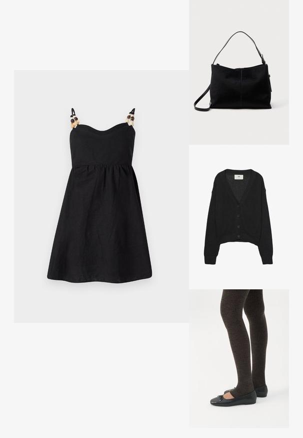 Sort strikket cardigan med V-hals, lange ærmer og cropped kant. Har knaplukning foran og ribbede manchetter. Teksturstof.; Sort linnedragt med en tætsiddende overdel og en udvidet nederdel. Slanke stropper prydet med dekorative perler på skuldrene. Glat tekstur.; Ben iført mørke ribbede leggings kombineret med sorte balletsko med små sløjfedetaljer på hvid baggrund.; Sort skuldertaske med en glat, tekstureret overflade, prydet med en enkelt rem og en lynlåslukning øverst. Kompakt rektangulær form.