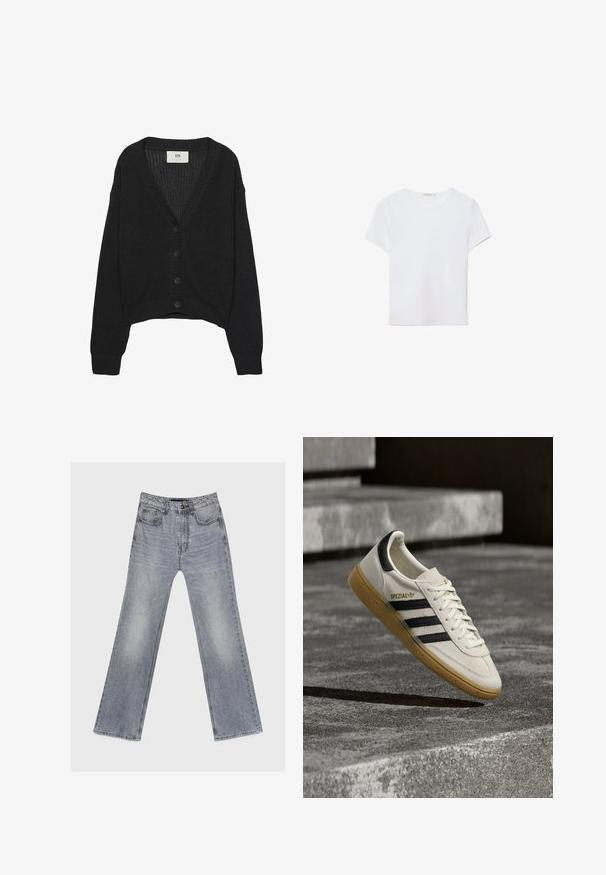 Sort strikket cardigan med V-hals, lange ærmer og cropped kant. Har knaplukning foran og ribbede manchetter. Teksturstof.; Hvid kortærmet t-shirt lavet af blødt stof. Har en rund halsudskæring og et simpelt, rent design med en lige underkant.; Lysegrå falmede jeans med lige ben, for- og baglommer, knaplukning og bæltestropper, lagt fladt på en hvid baggrund.; Hvid Adidas Spezial sneaker med sorte striber og gummisål, svævende over grå stentrin udendørs.