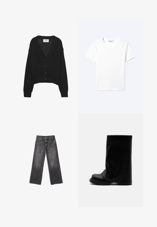 Sort strikket cardigan med V-hals, lange ærmer og cropped kant. Har knaplukning foran og ribbede manchetter. Teksturstof.; Ensfarvet hvid t-shirt med korte ærmer og rund halsudskæring med en lille "WEEKDAY" label indeni halskanten, vist fladt på en lys baggrund.; Mørkegrå denim jeans med vid ben, front- og baglommer, knaplukning og diskrete slidte detaljer.; Sort høj læderstøvle med bred, løs øvre skaft og en tyk, rundet sål på hvid baggrund.