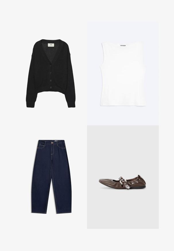 Sort strikket cardigan med V-hals, lange ærmer og cropped kant. Har knaplukning foran og ribbede manchetter. Teksturstof.; Hvid tætsiddende ærmeløs tanktop med rund halsudskæring og minimalistisk design, mærket "WEEKDAY" indeni kraven.; Mørkeblå denimjeans med løs pasform, fem lommer, knaplukning og kontrasterende gule syninger langs sømmene.; Brun lakeret flad sko med spids tå, elastisk sløjfedetalje og en sølvspændeaccent på siden. Sort gummisål.