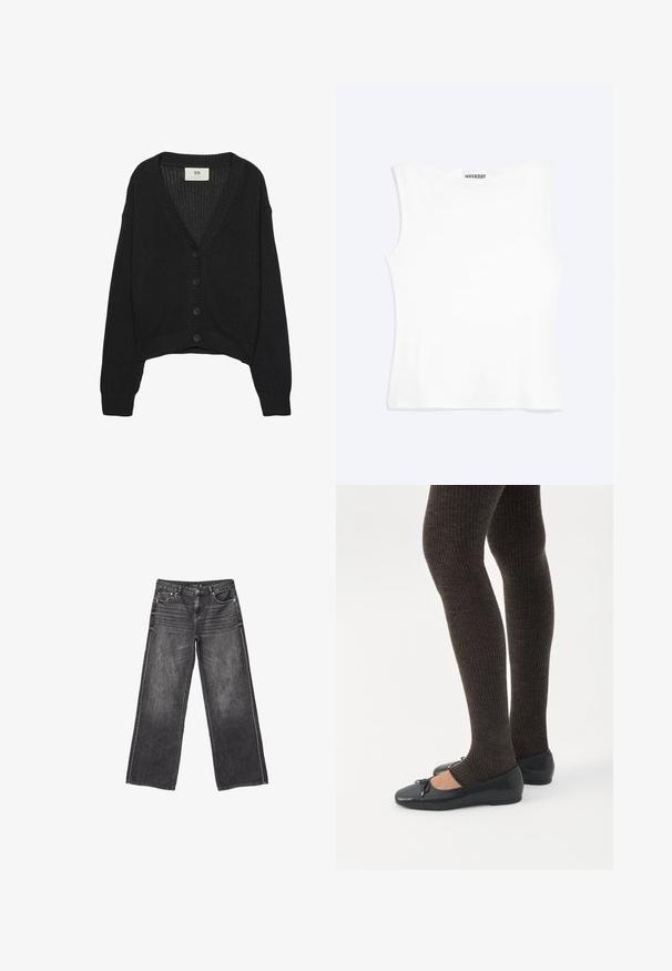 Sort strikket cardigan med V-hals, lange ærmer og cropped kant. Har knaplukning foran og ribbede manchetter. Teksturstof.; Hvid tætsiddende ærmeløs tanktop med rund halsudskæring og minimalistisk design, mærket "WEEKDAY" indeni kraven.; Mørkegrå denim jeans med vid ben, front- og baglommer, knaplukning og diskrete slidte detaljer.; Ben iført mørke ribbede leggings kombineret med sorte balletsko med små sløjfedetaljer på hvid baggrund.