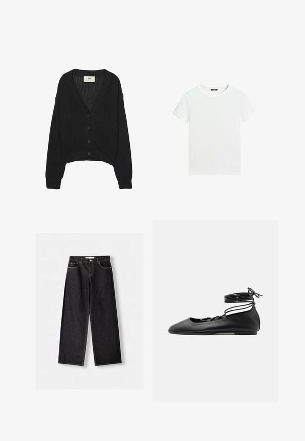 Sort strikket cardigan med V-hals, lange ærmer og cropped kant. Har knaplukning foran og ribbede manchetter. Teksturstof.; Almindelig hvid T-shirt med korte ærmer, rund halsudskæring og lille sort label inden i kraven.; Sorte vidde bukser i denim med forlommer og sølvfarvet knaplukning, lagt fladt på en lysegrå baggrund.; Sort læder flad balletsko med spids tå, flere tynde stropper over toppen og snørebånd viklet rundt om anklen.