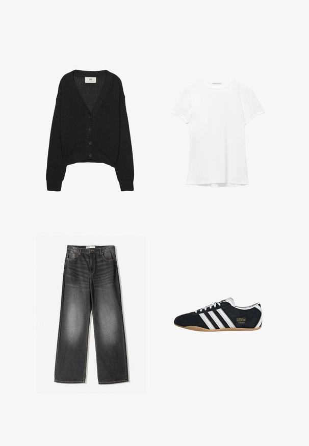 Cardigan noir en tricot avec un col en V, des manches longues et un ourlet court. Il possède un bouton sur le devant et des poignets côtelés. Tissu texturé.; T-shirt blanc à manches courtes en tissu lisse, avec un col rond et de subtils détails de couture à l'ourlet.; Jean large gris foncé en denim, comprenant cinq poches, une fermeture éclair à l'avant et des coutures contrastantes le long des coutures.; Sneakers en suede noir avec trois bandes blanches, logo doré et semelle en caoutchouc marron. Présente un design à lacets à profil bas.