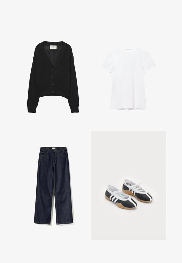 Sort strikket cardigan med V-hals, lange ærmer og cropped kant. Har knaplukning foran og ribbede manchetter. Teksturstof.; Hvid kortærmet t-shirt lavet af glat stof, med rund halsudskæring og diskrete syninger ved kanten.; Mørke denim bredbenede jeans med knaplukning, fem lommer, kontraststing og et mærke med teksten "Noella" på livremmen.; Sort-hvide sportsko med et slankt design, gummisål, snørebåndslukning og tre hvide striber på siden.