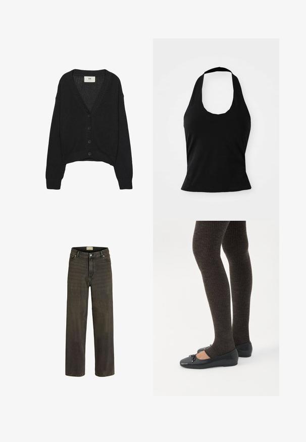 Cardigan noir en tricot avec un col en V, des manches longues et un ourlet court. Il possède un bouton sur le devant et des poignets côtelés. Tissu texturé.; Haut halter noir en tissu doux, avec un col rond et une silhouette ajustée, à la texture lisse et sans motifs visibles.; Jeans à jambes larges en denim vert olive foncé, avec un design classique à cinq poches, une fermeture à bouton et un léger délavage pour plus de texture.; Jambes portant des leggings côtelés foncés associés à des ballerines noires avec de petits détails en nœud sur fond blanc.