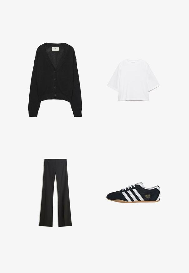 Sort strikket cardigan med V-hals, lange ærmer og cropped kant. Har knaplukning foran og ribbede manchetter. Teksturstof.; Hvid, kortærmet, løs t-shirt lavet af blød bomuld. Har rund halsudskæring og brede ærmer, med et rent, enkelt design.; Sorte, flarede bukser med en glat tekstur, der har en skræddersyet pasform og en talje. Ingen synlige mønstre eller udsmykninger.; Sort ruskinds sneaker med hvide tre striber, guldlogo og en brun gummisål. Har et lavprofil snørebåndsdesign.