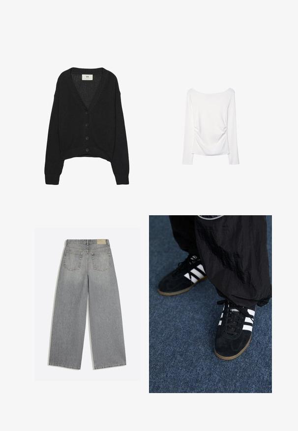 Cardigan noir en tricot avec un col en V, des manches longues et un ourlet court. Il possède un bouton sur le devant et des poignets côtelés. Tissu texturé.; Haut blanc à manches longues avec un large décolleté et un détail froncé à l'arrière. Texture lisse, design ajusté.; Jean en denim gris à jambes larges montrant l'arrière avec deux poches et des passants de ceinture, posé à plat sur fond blanc.; Des chaussures de sport en suède noir avec trois rayures blanches et des lacets noirs. Un pantalon noir texturé est partiellement visible à côté des chaussures.
