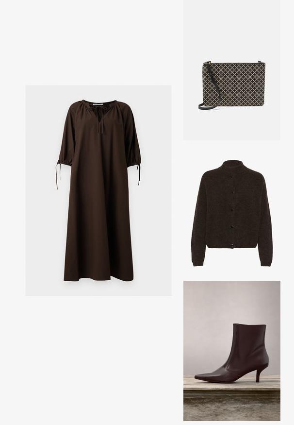 Gestuz ALPHAGZ - Cardigan - dark brown; Mørkebrun, løstsiddende kjole med trekvartlange ærmer, indsamlet halsudskæring med bindedetalje samt justerbare ærmesnore på ensfarvet baggrund.; Skinnende sorte læder ankelstøvler med spids tå og kitten hæl svævende over en træoverflade med grøn græs baggrund.; Sorte og beige mønstrede håndtaske med en rektangulær form, der har et krydsmønster, en lynlåslukning og en aftagelig sort rem.