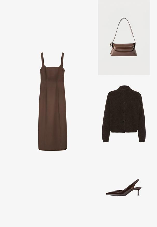 Gestuz ALPHAGZ - Cardigan - dark brown; Brun ærmeløs midi kjole med firkantet udskæring og tætsiddende silhuet, med brede skulderstropper og simple syninger foran.; Mørkebrun læder slingback kitten hæl sko med spids tå og slank mellemhøj hæl på hvid baggrund.; Brun skuldertaske i læder med en sølvspænde på remmen og en fold-over klaplås, vist mod en hvid baggrund.