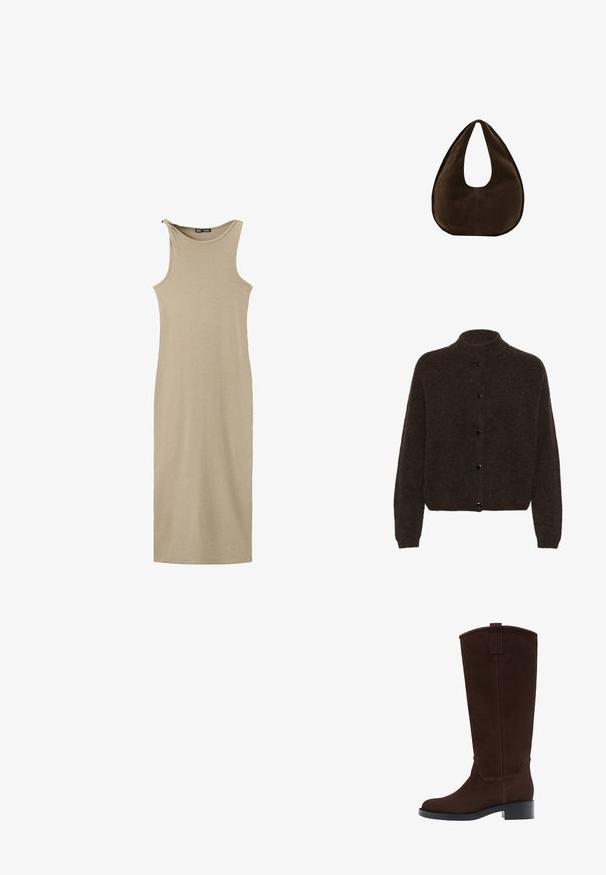 Gestuz ALPHAGZ - Gilet - dark brown; Robe midi beige sans manches avec un col rond haut, une silhouette cintrée et un petit détail nœud sur une épaule.; Botte haute en daim marron foncé avec un petit talon empilé et un bout arrondi, équipée d'une lanière au sommet de la tige.; Sac à main en daim marron foncé en forme de croissant avec une seule sangle large et une texture lisse sur fond blanc.