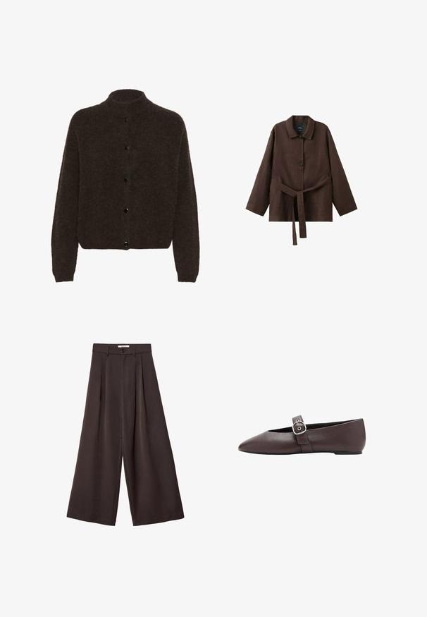 Gestuz ALPHAGZ - Gilet - dark brown; Veste marron foncé à manches longues avec col, deux boutons et une ceinture assortie en tissu nouée à la taille.; Pantalon à jambes larges en tissu brun foncé, avec des plis, une fermeture par bouton, et une texture lisse ; longueur cheville avec une coupe ajustée.; Chaussure plate marron à bout pointu avec une bride à boucle argentée sur le dessus du pied, texture en cuir lisse et talon bas.