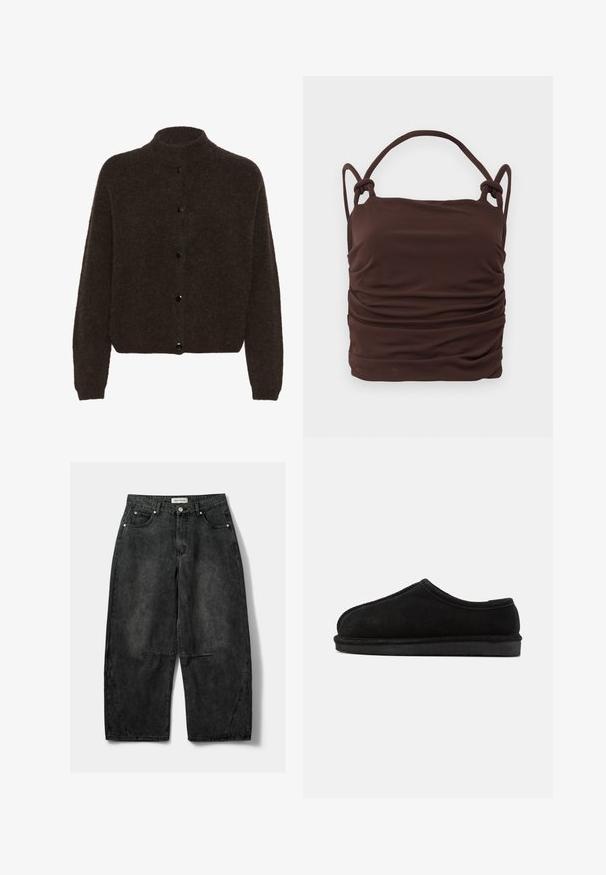 Gestuz ALPHAGZ - Cardigan - dark brown; Brun, rynket stoftop med justerbare knyttede stropper, der har en glat overflade og rektangulær form. Ingen synlig hardware eller mønstre.; Mørkegrå, brede denimbukser med en let slidt tekstur, der har frontlommer og en knaplukning i taljen.; Bianco Backless Loafer BIASNOW - Slip-on sandaler - black