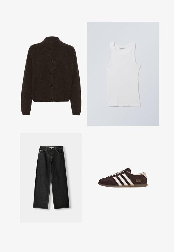 Gestuz ALPHAGZ - Cardigan - dark brown; Hvid bomulds tanktop med rund halsudskæring og brede skulderstropper. Har ribstrikket tekstur og lige kant forneden. Mærke vist ved halsudskæringen.; Sorte denim bukser med bred ben, der har fem lommer, metalknap og lynlås lukning samt kontrasterende gul syning langs sømmene.; Brune ruskindssneakers med tre hvide striber, gummisål og tekstlabel med ordene "Gazelle" i guld. Snørebåndsdesign med grå snørebånd.