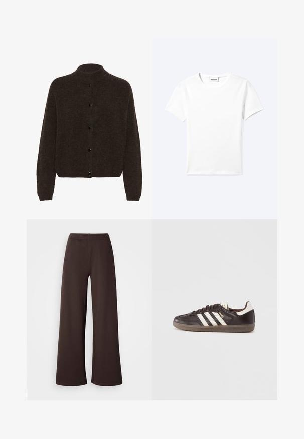 Gestuz ALPHAGZ - Vest - dark brown; Effen wit T-shirt met korte mouwen en ronde hals met een klein "WEEKDAY" label aan de binnenkant van de hals, plat neergelegd op een lichte achtergrond.; Brede broekspijpen in donkerbruin, gemaakt van zachte stof met een elastische tailleband en een nette zoomafwerking, ideaal voor comfort en casual draagstijl.; Donkerbruine leren sneakers met een wit drie-strepen ontwerp, een rubberen zool en "Samba" in gouden letters aan de zijkant. Klassieke lage schoenvorm.