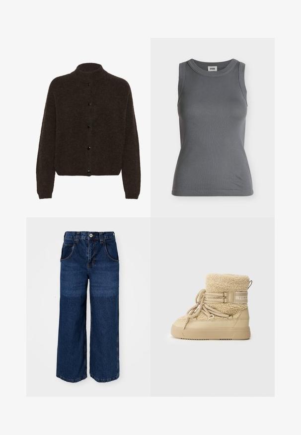 Gestuz ALPHAGZ - Cardigan - dark brown; Ærmeløs mørkegrå ribstrikket tanktop med rund halsudskæring og mærkeindvendigt i kraven.; Bredde ben mørkeblå jeans lavet af denim. Har fem lommer, en knaplukning og synlige sømme med en let falmet tekstur.; Beige vinterstøvler med en faux fur krave, polstret design, metalhardware detaljer og teksturerede snørebånd. Tykk gummisål med skridsikkert mønster.