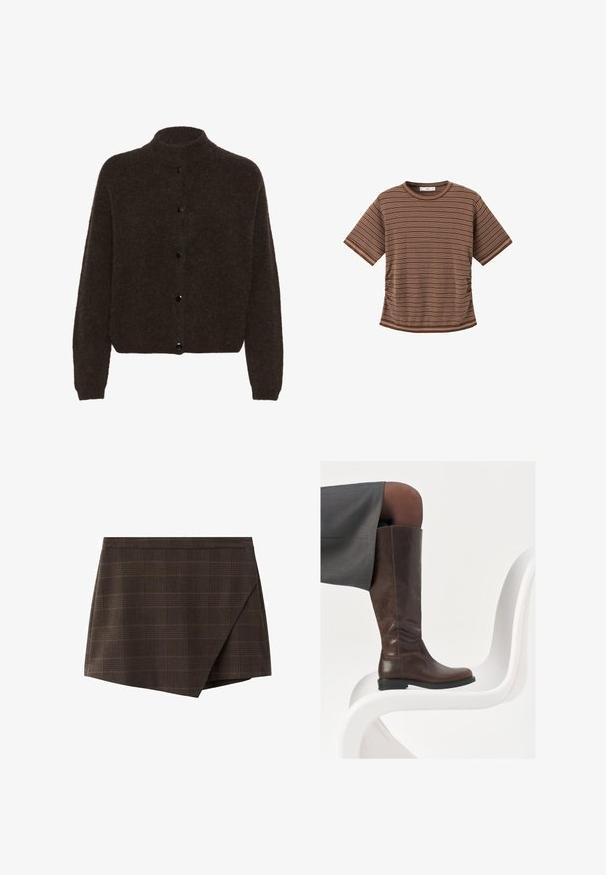 Gestuz ALPHAGZ - Cardigan - dark brown; Brun t-shirt med korte ærmer med tynde, hvide, vandrette striber og rund halsudskæring på hvid baggrund.; Brun ternet slå-om-nederdel med struktureret design, indsatte taljebånd og en let skråtstillet kant, lavet af tekstureret stof.; Brun læder knæhøj støvle med afrundet tå, glat tekstur og minimale syningsdetaljer, sat mod en lys baggrund på en hvid stol.