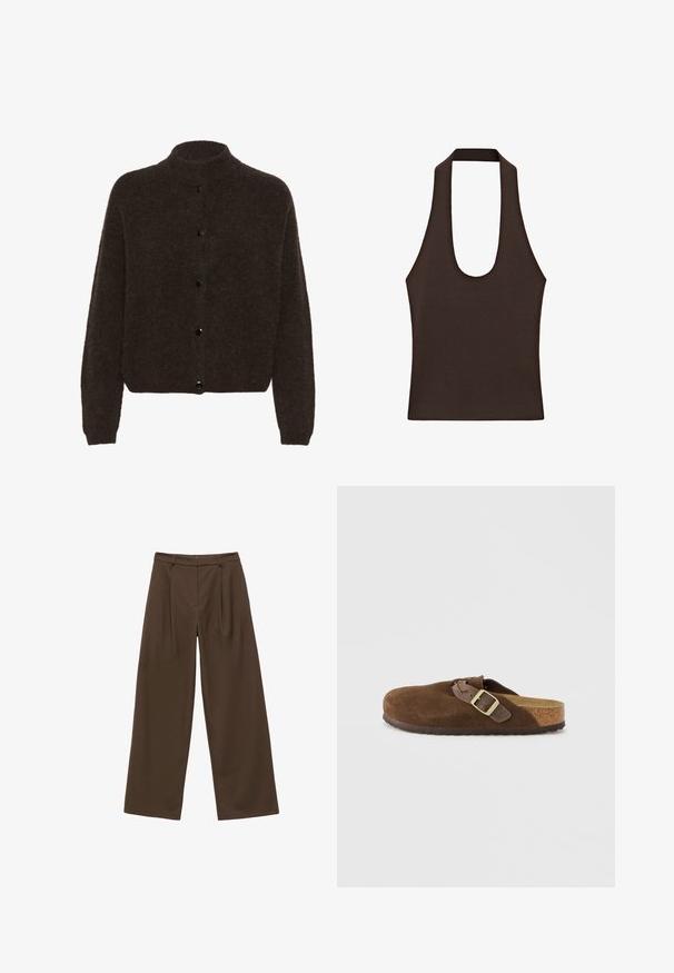 Gestuz ALPHAGZ - Vest - dark brown; Donkerbruine mouwloze haltertop met brede bandjes en een diepe ronde hals, gemaakt van geribbelde gebreide stof.; Bruine wijde broek met een gladde textuur, voorzien van voorplooien, een hoge taille en een klassiek ontwerp dat geschikt is voor verschillende gelegenheden.; Bruine suède instapschoen met een ronde neus, een enkele gespband en een lichtbruine, getextureerde kurken binnenzool. Rubberen buitenzool voor grip.