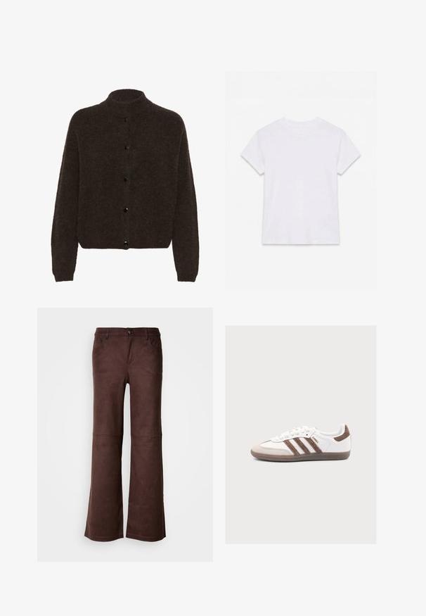 Gestuz ALPHAGZ - Vest - dark brown; Effen wit katoenen T-shirt met korte mouwen en ronde hals, plat gelegd op een witte achtergrond.; Bruine flared pants van een zachte, suede-achtige stof. Beschikt over vier zakken, een knoopsluiting en een gladde, gestructureerde oppervlakte.; Witte Adidas Samba sneaker met bruine suède strepen, bruine suède neus en gumzool op een lichtgrijze achtergrond.