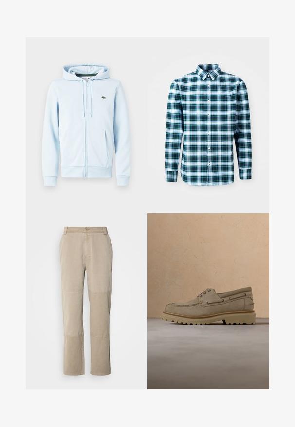 Hellblaues Zip-Hoodie aus Baumwollmischung, mit Kängurutasche, gerippten Bündchen und einem kleinen grünen Logo auf der linken Brust.; Grün-weiße karierte Langarmbluse mit klassischem Kragen und Knöpfen an der Vorderseite. Aus leichtem Stoff gefertigt, mit einem strukturierten Design.; Beige Baumwoll-Twill-Hosen mit geradem Bein, ausgestattet mit genähten Knie-Akzenten und einem Knopfverschluss an der Taille.; Beiger Wildleder-Casual-Schnürschuh mit dicker, profilierter Sohle, schwebend über passender beiger strukturierter Oberfläche und Hintergrund dargestellt.