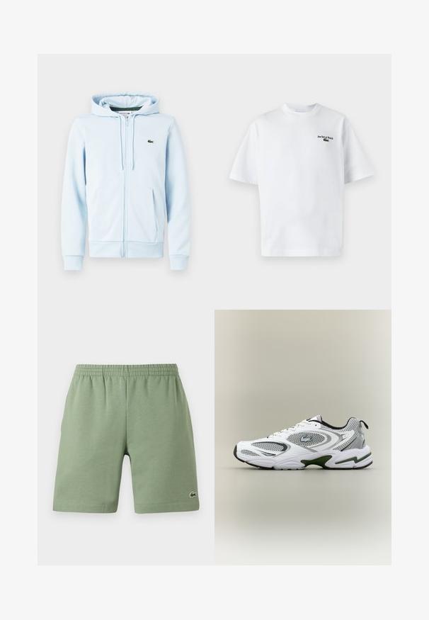 Lichtblauwe ritsvest van een katoenmix, met een kangoeroezak, ribgebreide manchetten en een klein groen logo op de linkerborst.; Witte katoen t-shirt met korte mouwen, met de tekst "Jeu Set et Match" en een klein groen logo op de linkerkant van de borst. Klassieke pasvorm.; Groene katoenen shorts met een elastische tailleband, ontspannen pasvorm en een klein geborduurd logo aan de onderkant aan de linkerzijde. Gladde textuur, geen zakken.; Witte en grijze sportieve hardloopschoen met meshpanelen, groene accenten, zwarte details en een logo aan de zijkant, getoond vanaf de buitenkant.