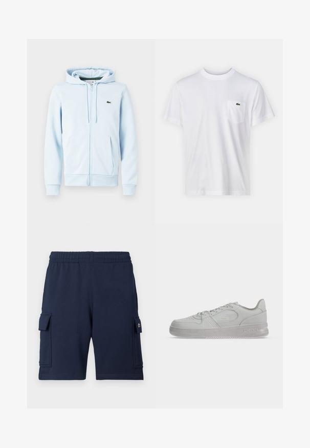 Hellblaues Zip-Hoodie aus Baumwollmischung, mit Kängurutasche, gerippten Bündchen und einem kleinen grünen Logo auf der linken Brust.; Weißes Baumwoll-T-Shirt mit Rundhalsausschnitt und kurzen Ärmeln. Verfügt über eine linke Brusttasche und ein kleines grünes Lacoste-Logo.; Marineblaue Cargo-Shorts aus weichem Stoff, mit einem elastischen Bund, zwei Seitentaschen und einem kleinen Logoakzent auf der linken Tasche.; Weißer, flacher Lacoste-Sneaker mit Schnürsenkeln, geprägtem Logo an der Seite und strukturierter Sohle auf einfachem Hintergrund.