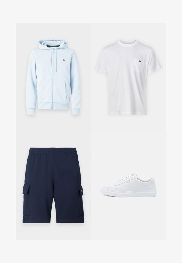 Lys blå zip-up hoodie i bomuldsblanding, med en kengurulomme, ribbede manchetter og et lille grønt logo på venstre brystområde.; Hvid bomulds T-shirt med rund halsudskæring og korte ærmer. Har en lomme på venstre bryst og et lille grønt Lacoste-logo.; Marineblå cargoshorts lavet af blødt stof, med elastisk taljebånd, to sidelommer og et lille logo på venstre lomme.; Hvide lædersneakers med glat tekstur, rund tå og ton-i-ton syning. Har blå snørebånd og et gult logo på siden.