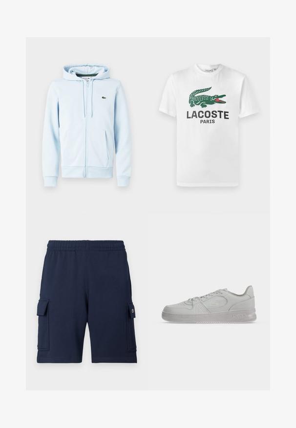 Lys blå zip-up hoodie i bomuldsblanding, med en kengurulomme, ribbede manchetter og et lille grønt logo på venstre brystområde.; Lacoste T-shirts print - white; Marineblå cargoshorts lavet af blødt stof, med elastisk taljebånd, to sidelommer og et lille logo på venstre lomme.; Hvid lav Lacoste sneaker med snørebånd, præget logo på siden og tekstureret sål på en ensfarvet baggrund.
