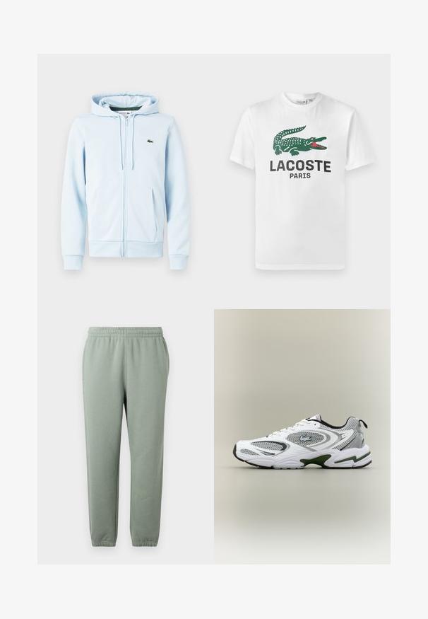 Lichtblauwe ritsvest van een katoenmix, met een kangoeroezak, ribgebreide manchetten en een klein groen logo op de linkerborst.; Lacoste T-shirt print - white; Lichtgroene sweatpants met een elastische tailleband, taps toelopende pijpen en opgerolde enkelboorden. Gemaakt van zachte, lichte stof.; Witte en grijze sportieve hardloopschoen met meshpanelen, groene accenten, zwarte details en een logo aan de zijkant, getoond vanaf de buitenkant.