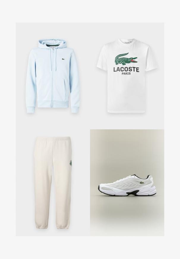 Hellblaues Zip-Hoodie aus Baumwollmischung, mit Kängurutasche, gerippten Bündchen und einem kleinen grünen Logo auf der linken Brust.; Lacoste T-Shirt print - white; Helle beige Sweatpants aus Baumwolle mit einem elastischen Bund, gerippten Bündchen und einem grünen Logo mit Blattdesign am linken Bein.; Weißer Sportschuh mit strukturiertem Mesh-Obermaterial, geschwungenem Design und kontrastierender schwarzer Laufsohle. Mit grünem gesticktem Logo an der Seite.