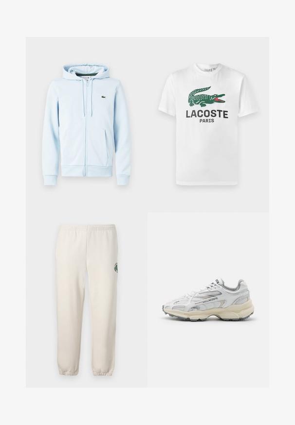 Hellblaues Zip-Hoodie aus Baumwollmischung, mit Kängurutasche, gerippten Bündchen und einem kleinen grünen Logo auf der linken Brust.; Lacoste T-Shirt print - white; Helle beige Sweatpants aus Baumwolle mit einem elastischen Bund, gerippten Bündchen und einem grünen Logo mit Blattdesign am linken Bein.; Weiße Sportschuhe mit grauen Akzenten, Obermaterial aus Mesh und Synthetik, Schnürdesign und rutschfester Gummisohle mit Strukturmustern.